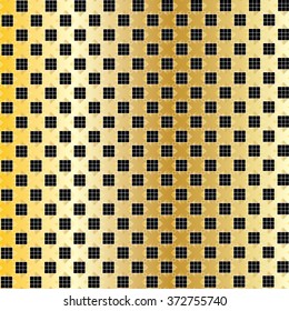 Geometric gold background with gold shapes of the squares on black background and gold frame. Vector file. Digital illustration for greeting card, album, fashion, textile and more graphic design.