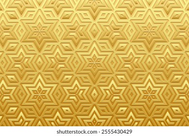 Geometric gold background, tribal cover design, banner. Decorative gold 3D pattern, embossing. Textured small ornaments, arabesques, mandala of the East, Asia, India, Mexico, Aztec, Peru. Ethnic print