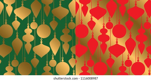 Geometric gold bauble silhouette xmas repeatable pattern. Classic red and green with gold seamless Christmas motif for background, wrapping paper, fabric, surface design