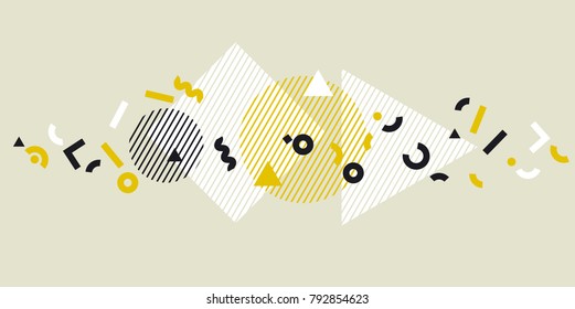 Geometric gold and black motif for surface design, card, invitation. Memphis style inspired pattern. Vintage stock vector illustration. geometry flat composition