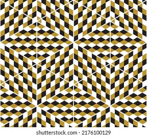 Geometric gold, black and white repeating check pattern with hexagon outlines filled with diamond shapes and forming 3d effect cubes. Vector illustration