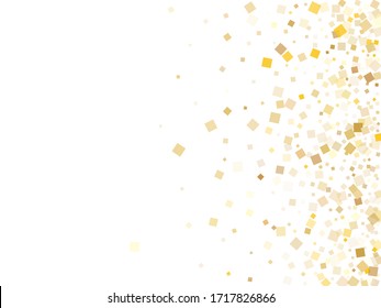 Geometric gold confetti sequins sparkles flying on white. Rich Christmas vector sequins background. Gold foil confetti party decoration pattern. Overlay pieces surprise backdrop.