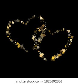 Geometric gold confetti sequins sparkles falling on black. Shiny holiday vector sequins background. Gold foil confetti party explosion pattern. Light dust particles party background.