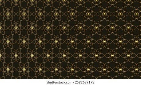 Geometric gold floral pattern. Abstract seamless background. Flower circle and element. Curved lines. Line art. Isolated on black. Pattern for web, printing, fashion, fabric, decoration, clothing.
