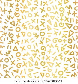 Geometric gold foil seamless vector pattern. Hand drawn golden doodle shapes circle triangle scribble repeating background. Golden metallic elegant texture on white backdrop. For festive decor, cards