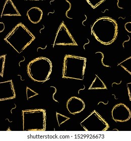 Geometric gold foil shapes hand drawn elements seamless vector background. Circle, square. triangle drawn with brush stroke repeating pattern. Golden metallic elegant texture isolated on black.