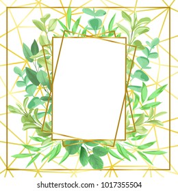 Geometric gold frame, herb, bushes branches with leaves in watercolor style. Greenery botanical template with text place for invite, greeting, birthday card and covers.
