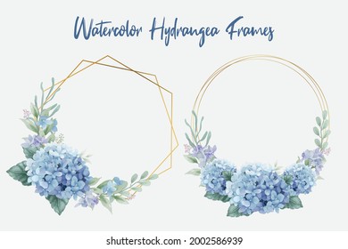 Geometric gold frames with watercolor blue hydrangea flowers