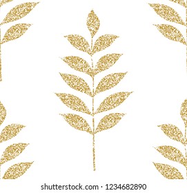 Geometric gold glittering geometric seamless pattern on white background. Leaf silhouettes. Luxury texture. Eps 10 vector. 						