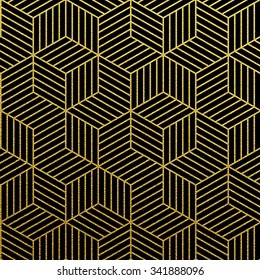 Geometric gold glittering seamless pattern on black background.
