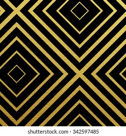 Geometric gold glittering seamless pattern on black background.