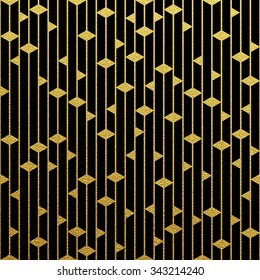 Geometric gold glittering seamless pattern on black background.