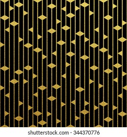 Geometric gold glittering seamless pattern on black background.