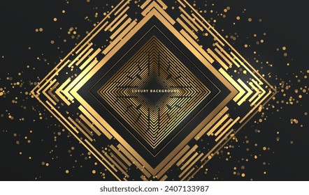 Geometric gold labyrinth background with glitter pattern. Modern glow gold lines with dots, vector design.