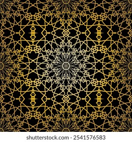 Patrón sin costuras de encaje de oro geométrico. Fondo de Vector de celosía de azulejo árabe.