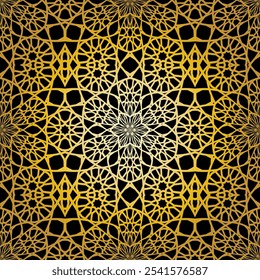 Geometric gold lace seamless pattern. Arabic tile lattice vector background.