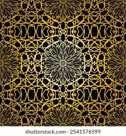 Geometric gold lace seamless pattern. Arabic tile lattice vector background.