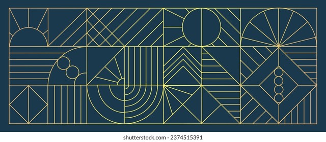 Arte geométrico de línea dorada y vector de fondo art deco. Bordes decorativos de oro de línea. Ilustración del vector