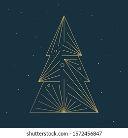 Geometric Gold Line Christmas Tree Pine Spruce. Happy New Year Greeting Card. Flat Vector Poster.