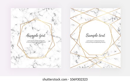 Geometric gold line frame on the marble texture. Minimalist placard, gold frame. Template for design invitation, save the date, card, banner, wedding, placard, poster, party, flyer 
