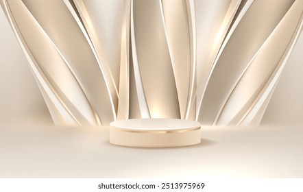 Linhas de ouro geométrico fundo ondulado de luxo. Plataforma de pódio de creme dourado para produto cosmético de exibição no vetor de estúdio.