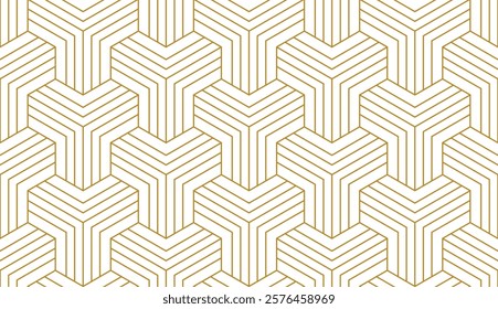 Geometric gold lines on white background. Seamless repeating pattern. Ideal for textile, wallpaper, and design projects.