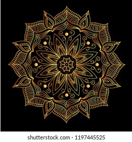 Geometric gold logo template. Vector gold arabic ornamental symbol on black background.Vector Flower Mandala. Vintage decorative elements.