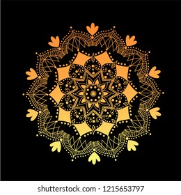 Geometric gold logo template. Vector gold arabic ornamental symbol on black background.Vector Flower Mandala. Vintage decorative elements.
