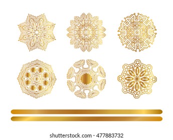 Geometric gold mandala. Vector ornamental border frame. Indian Asian Arabic ottoman motif. 