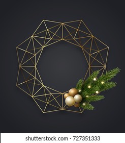 Geometric Gold Metallic Christmas Wreath With Light Bulbs, Green Pine Or Fir Tree Branches And Xmas Balls. Vector Template, Space For Text.