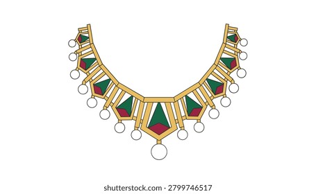 Geometric gold necklace featuring pentagonal links with inset red and green triangular stones and hanging white spherical bead fringe for traditional ethnic jewelry collections.