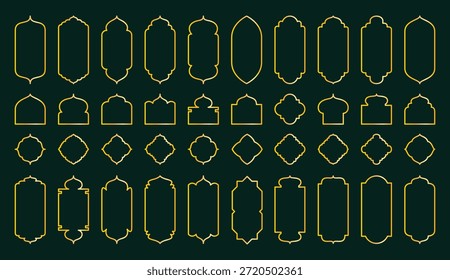 geometric gold outline frames on emerald background, systematic array of octagon, rectangle and diamond
