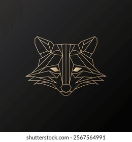 Geometric gold raccoon head background. Minimalist polygonal raccoon head design golden lines animal icon.