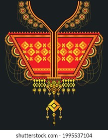 Geometric Gold and red ethnic oriental neckline traditional design for fashion, clothing, batik, fabric, vector illustration embroidery style for fashion women