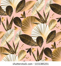 Geometric gold and rosy tropical leaves and flowers seamless pattern for background, wrapping paper, fabric, surface design. Exotic foliage element.