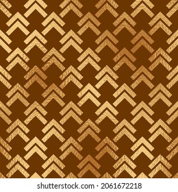 Geometric gold seamless pattern. Repeated golden patterns. Arrow background. Abstract chevron texture. Repeating print with chivron. Graphic design with shevron. Geometry backdrop. Foil effect. Vector