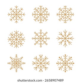 Geometric Gold Snowflake icons set. Line winter weather element. Merry Christmas and happy new year banner poster card decoration. Snow symbol with editable Stroke. Minimalist vector illustration