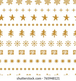 Geometric gold snowflakes, snow balls, tree on the white background. Seamless winter time pattern for New Year or Merry Christmas wallpaper or package design. Graphic printable paper or xmas wallpaper