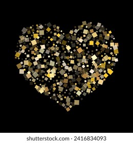 Geometric gold square confetti sparkles scatter on black. Luxurious New Year vector sequins background. Gold foil confetti party particles pattern. Light dust particles party background.