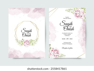 Geometric gold with watercolor flower for wedding invitations templates