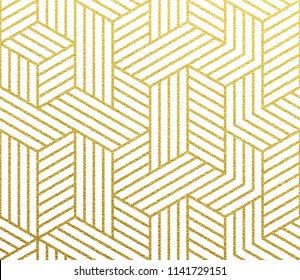 Geometric golden 3D cubes polygon of lines mesh pattern. Vector abstract gold foil background of seamless glittery mosaic grid pattern