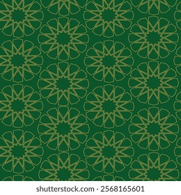 Geometric Golden Arabesque seamless pattern on dark green background. For Islamic backgrounds, posters and banners. 