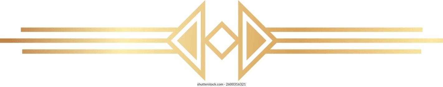 Geometric golden art deco ornament elegantly dividing three parallel horizontal lines, creating a sophisticated design that embodies luxury and timeless style in a decorative format