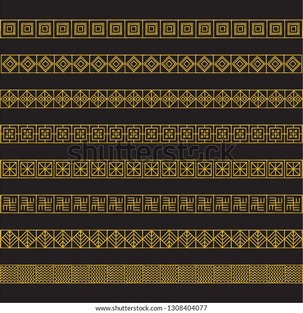 Geometric golden decoration set made in line style\
vector.  Friezes,separators, borders. Easy to use for frieze, edge,\
end, side.