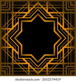 Geometrischer goldener Rahmen, der einen eleganten, achtzackigen Stern auf schwarzem Hintergrund schafft, perfekt für Luxus- und Vintage-Projekte