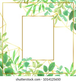 Geometric golden frame, herb, bushes branches with leaves in watercolor style. Greenery botanical template with text place for invite, greeting, birthday card and covers.