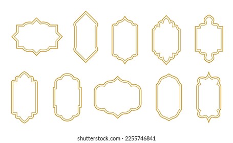 Geometric golden frames with ornate decoration. Vintage yellow blank border with decoration for picture and photo from wedding and holiday vector events