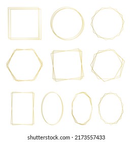 Geometric golden frames set vector. Gold beautiful template for designing invitations, congratulations, cards and postcards. Blank collection round square polygonal border