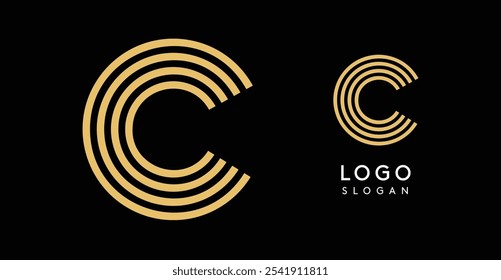 Geometric golden letter C with concentric lines on black background. Sleek sophisticated logo design. Luxury, modernity, elegance logotype for premium branding, corporate identity.Vector illustration.