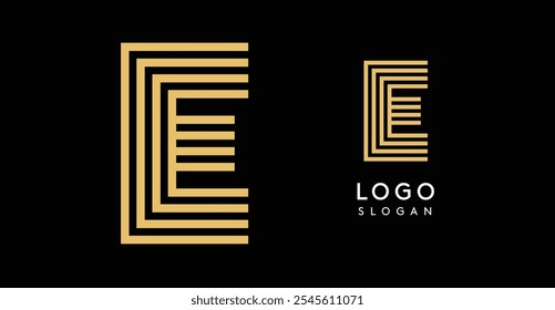 Geometric golden letter E with concentric lines on black background. Sleek sophisticated logo design. Luxury, modernity, elegance logotype for premium branding, corporate identity.Vector illustration.